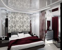 Дизайн спальни в белом и бордовом цвете.